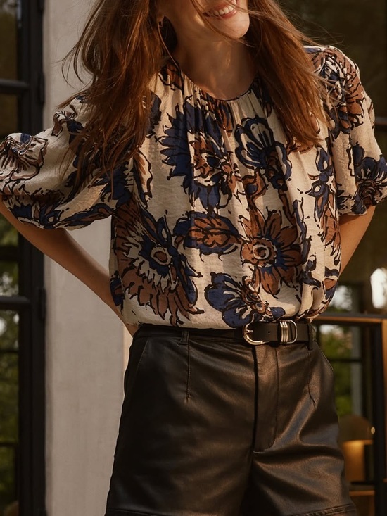 Evereve Tops - Evereve Floral Puff-Sleeve Blouse in Cream, Blue & Brown